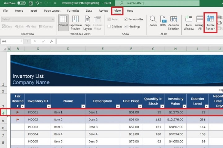 Cách cố định một hàng trong Excel