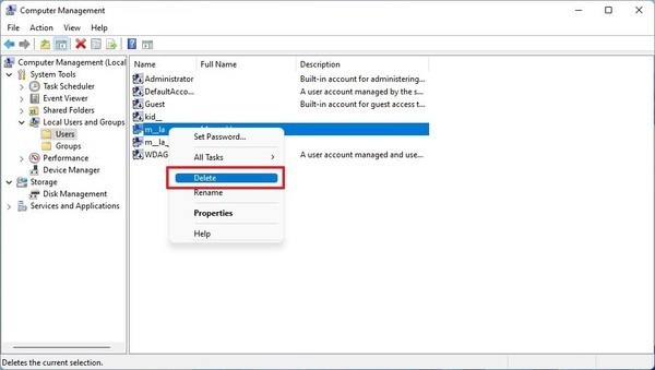 Xoá tài khoản trên Windows 11 bằng Computer Management