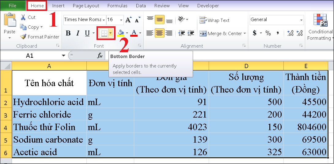 Tạo bảng bằng Border trong Excel