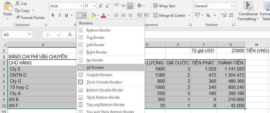 Tạo bảng bằng Border trong Excel