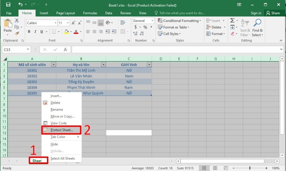 Khóa toàn bảng tính trong Excel 1