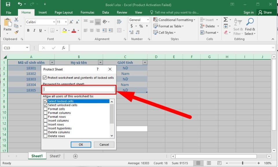 Khóa toàn bảng tính trong Excel 2