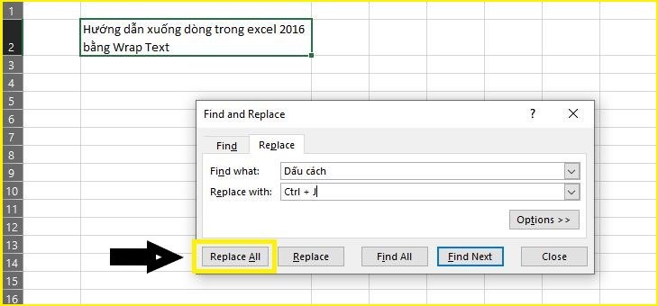 Xuống dòng bằng Find & Replace trong Excel