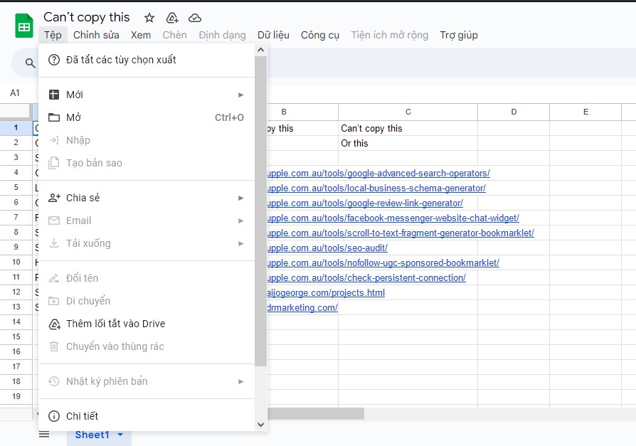 cách sao chép nội dung trong file Google Sheet bị khóa