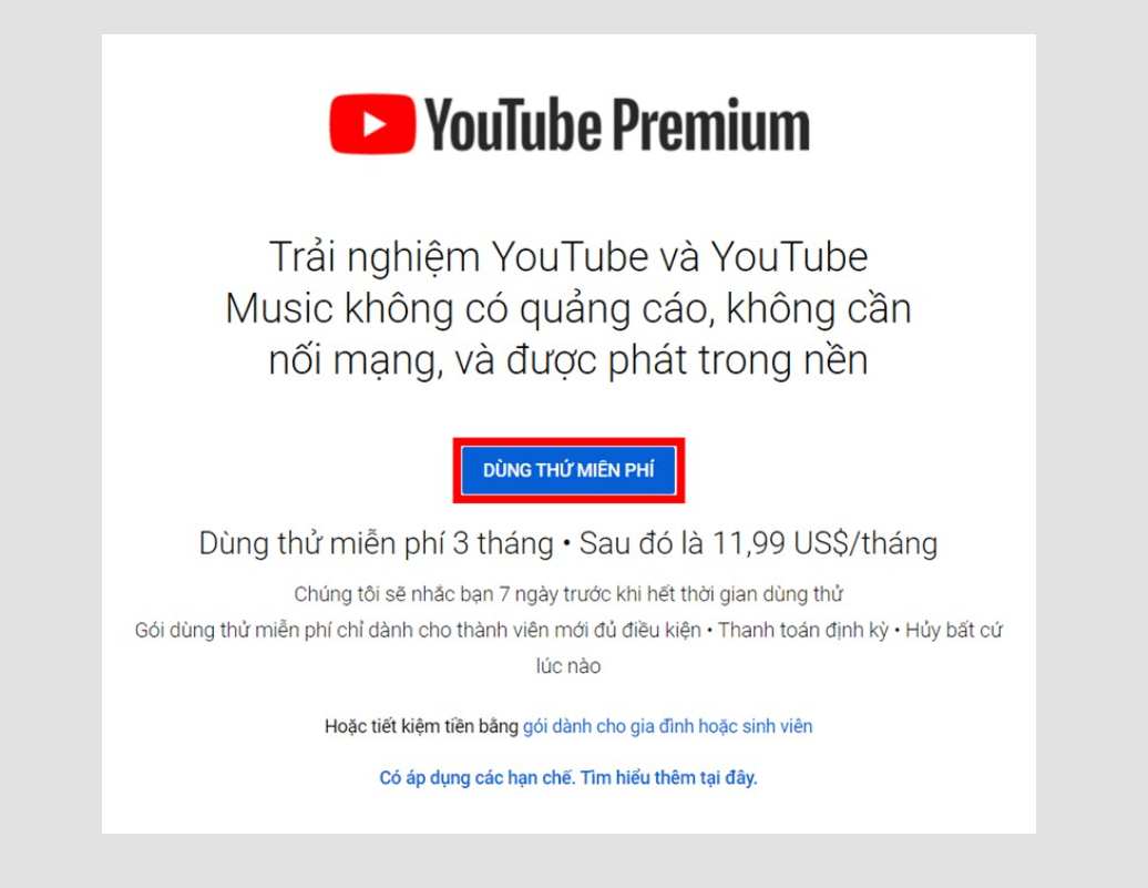 cách đăng ký youtube premium
