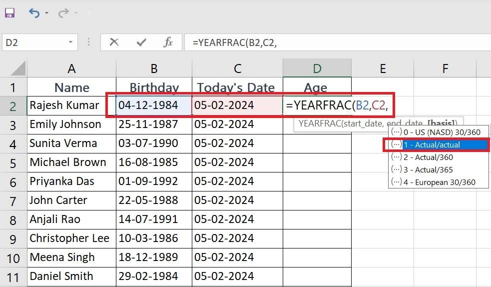 Tính tuổi trong Excel bằng hàm YEARFRAC