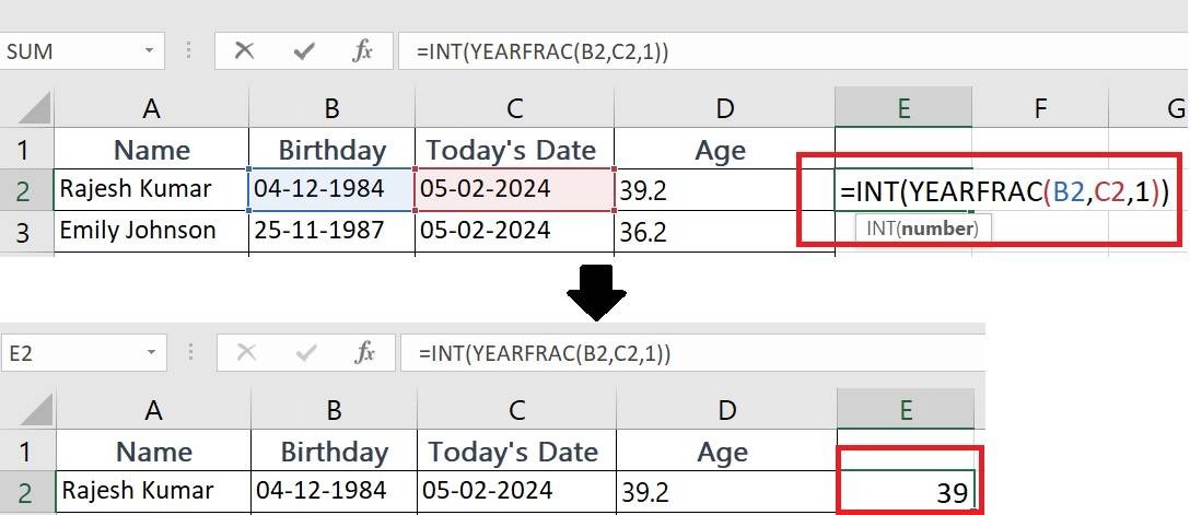 Tính tuổi trong Excel bằng hàm INT(YEARFRAC