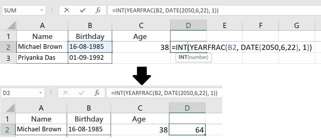 Tính tuổi trong Excel bằng hàm INT(YEARFRAC