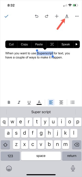 Chỉ số trên trong Google Doc trên điện thoại